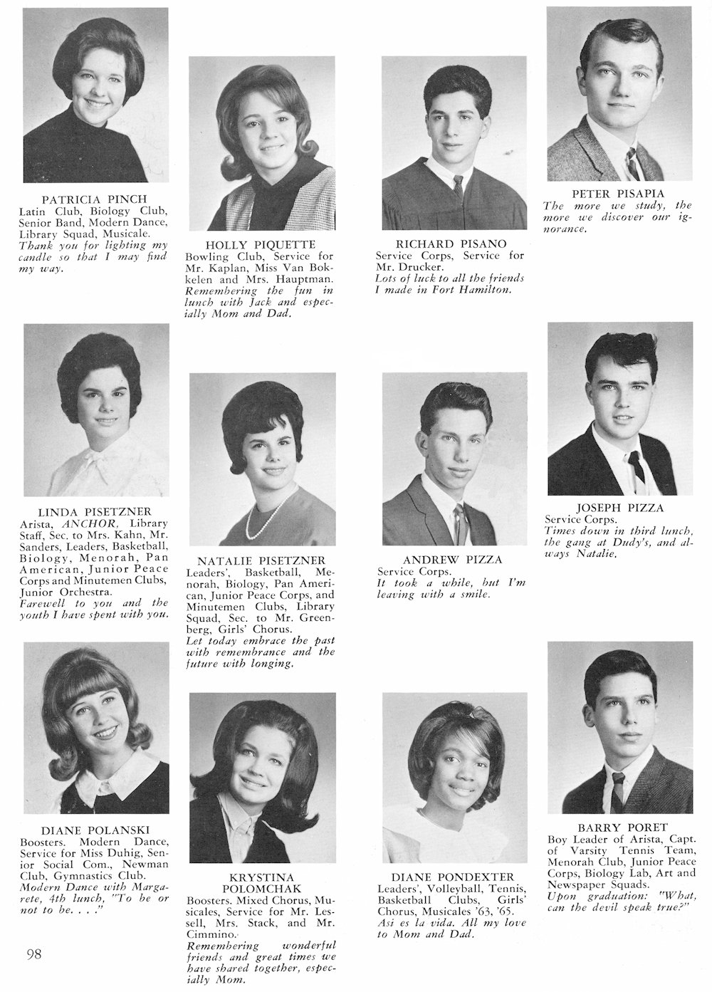 Pinch-Poret page from Fort Hamilton High School 1965